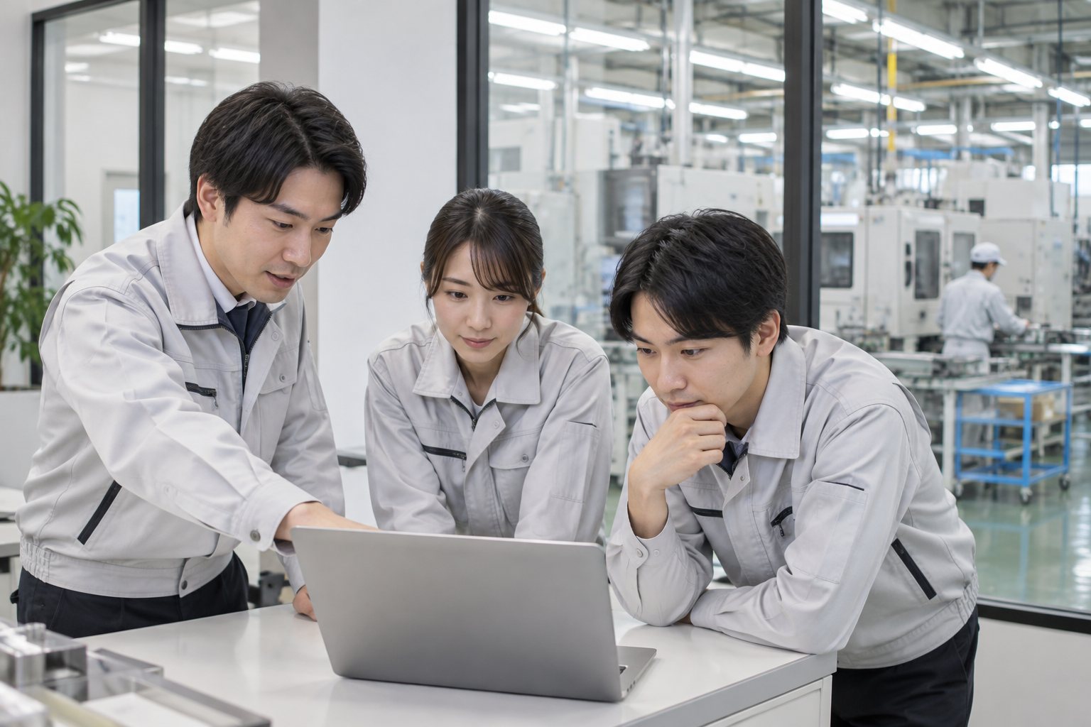 株式会社グローステックの工場でタブレットを使ってデータを確認するエンジニア